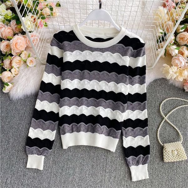 

women's sweaters contrasting color hollow long-sleeved sweater women 2021 loose pullover 0916, White;black