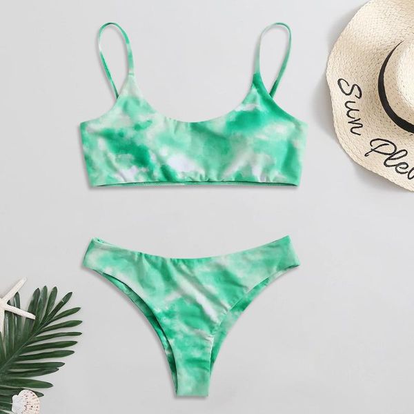 

women's swimwear fashion bikini set tie-dye print sleeveless crop shorts brazilian high cut swimsuit two piece #g2, White;black