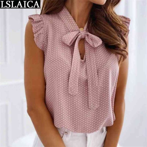 

blouse women fashion polka dot sleeveless bow collar summer office lady shirt casual plus size clothing for 210515, White