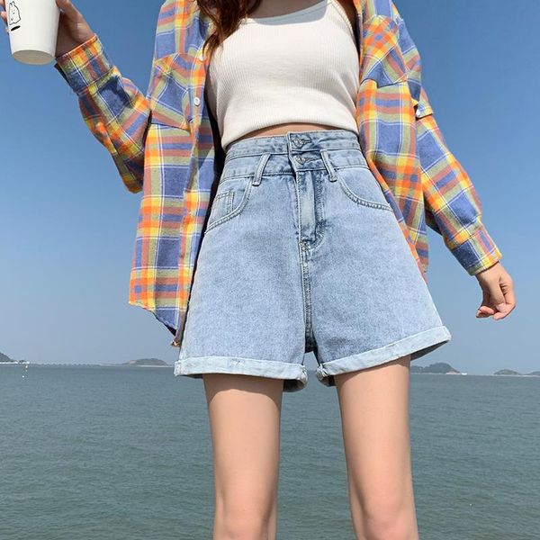 

women's shorts women denim loose buttons pocket pants summer high waist wide legs fashion casual slim all-match, White;black
