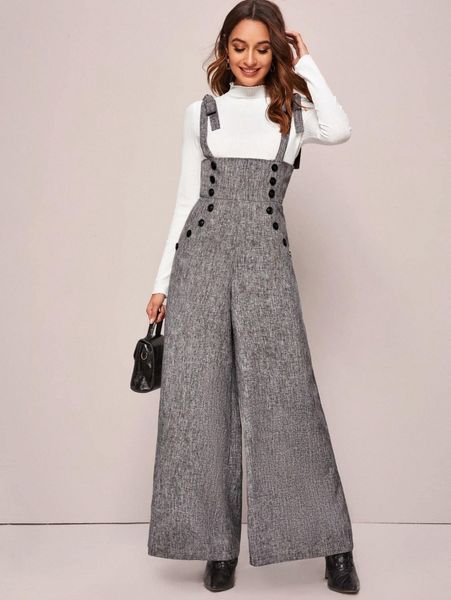 

double breasted wide leg linen look suspender jumpsuit i1zo#, White