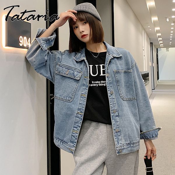 Jaqueta Denim Vintage Mulheres Casaco de Primavera Rasgado Oversized Outerwear Casacos Windbreaker Namorado Jeans Feminino Plus Size 210514