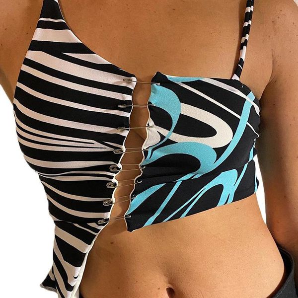 

women's tanks & camis asymmetrical pin patchwork print slim crop 2021 summer women sleeveless backless tank fashion streetwears cl, White