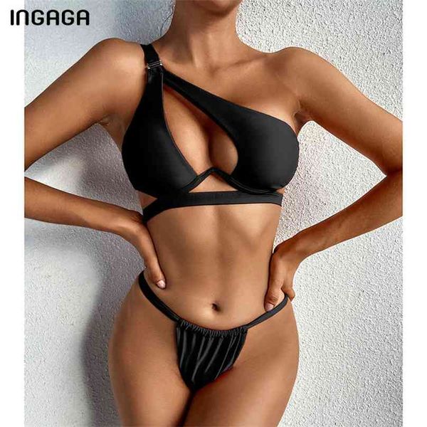 INGAGA Push Up Bikinis Damen Badeanzüge Cut Out Bademode Sexy Schwarz Biquini Micro Tanga Badeanzüge One Shoulder Bikini Set 210611