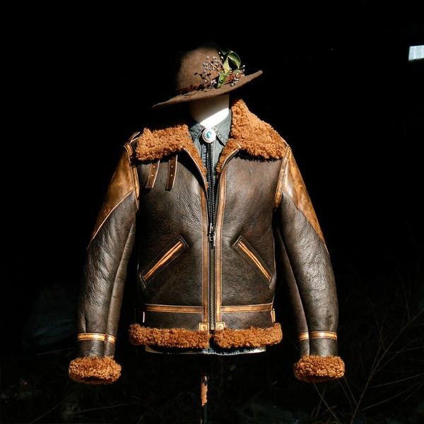 

men's leather & faux merino ecological lambs wool b3 fur, Black