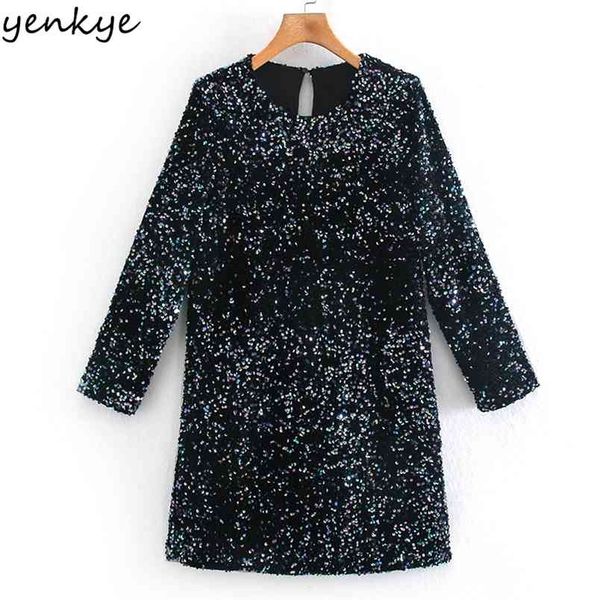 

winter women fashion sequin mini dress long sleeve round neck christmas party dresses plus size vestido mujer 210514, Black;gray