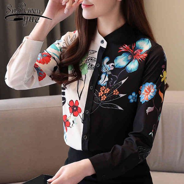 

spring print stand black long sleeve fashion korean clothing chiffon blouse for women button blusas femininas 8004 50 210521, White