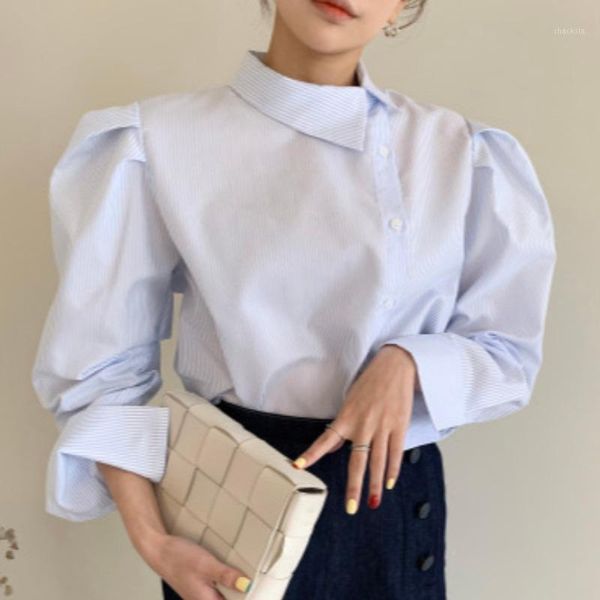 

korobov korea chic elegant fashion women blouses vintage streetwear turn-down collar single breasted blusas mujer striped top, White