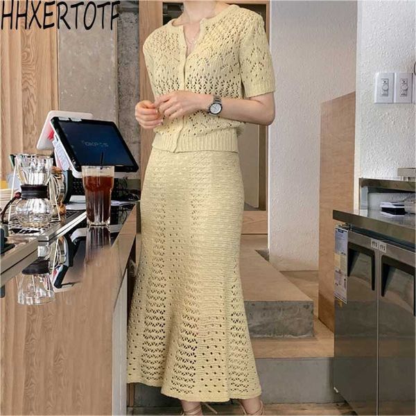 

summer women fashion sets elegant hollow lace short sleeve cardigan +skirt 2 piece 210531, White