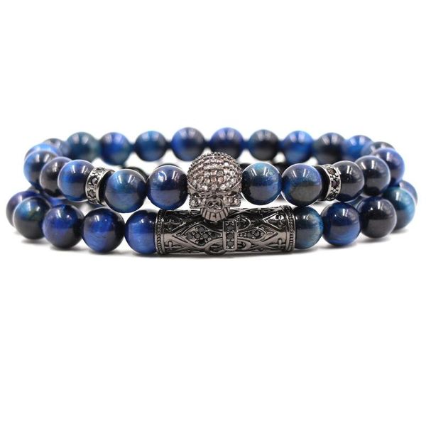

beaded, strands bracelet micro inset zircon curved tube skull natural blue tiger eye stone elastic beads jewelry for women men, Black