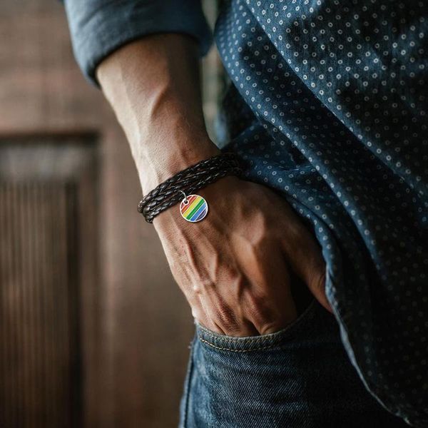 

link, chain woven leather and rainbow disc triple wrap bracelet for men black braided leathe tri-layer