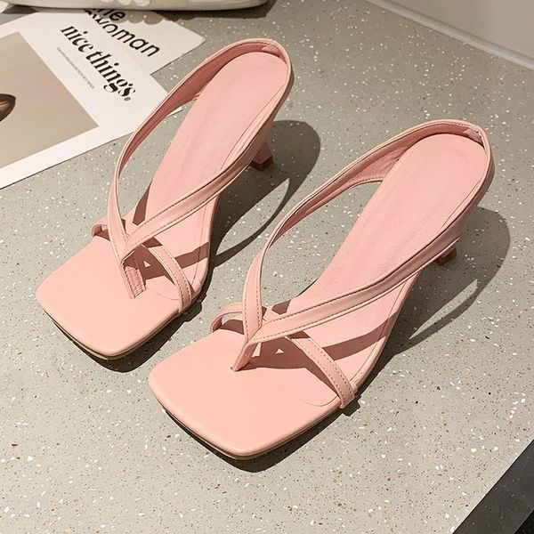 

slippers 2021 summer slipper high heels shoes fall street look females square head open toe clip-on strappy sandals women, Black