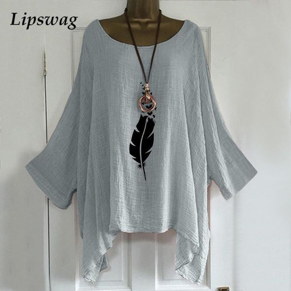 

women's blouses & shirts casual cotton linen female loose pullover autumn batwing sleeve cool shirt blouse women spring feather print, White