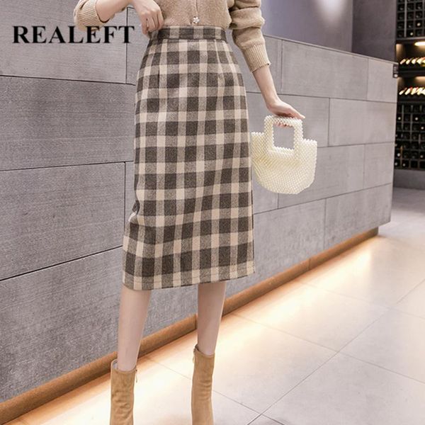 

skirts realeft plaid woolen women pencil skirt winter elegant ol style ladies high waist back split midi 2021 autumn, Black