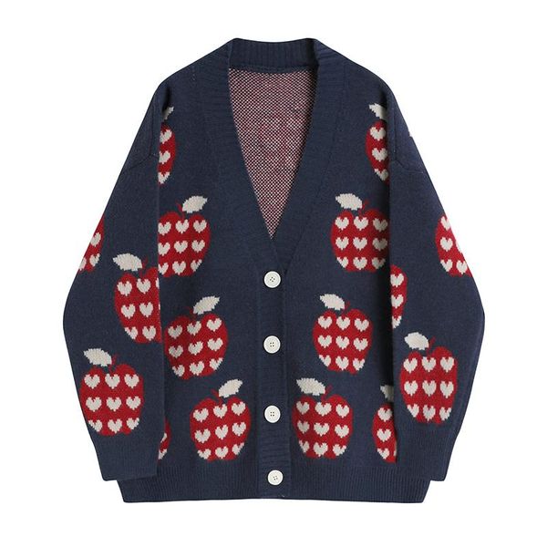 

women's sweaters autumn winter style retro v-neck knitted sweater cardigan apple jacquard print loose lazy jacket long sleeve, White;black