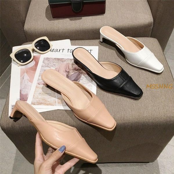 

slippers 2021 summer women's sandals fashion solid pointed toe square heel mules casual comfortable low, Black