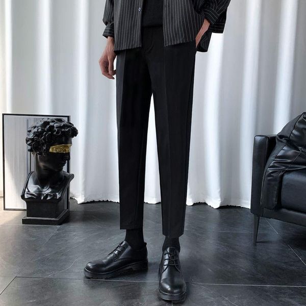 

ins spring and autumn men's nine point straight trousers loose british no iron suit solid color casual pants, Black