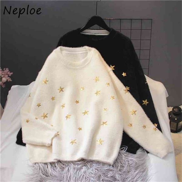 

sea star sequined pattern patchwork pullovers loose autumn knitted sweaters women soft warm solid color o-neck 210422, White;black