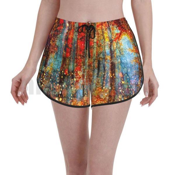 

women's shorts golden autumn swim magical woods light in the abstract foliage birches sparkles, White;black