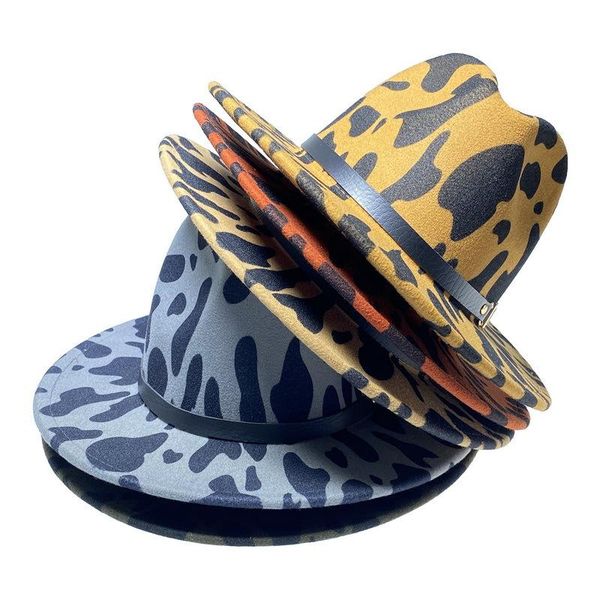 

wide brim hats fedora autumn and winter cow print women's hat big jazz casual design felt, Blue;gray