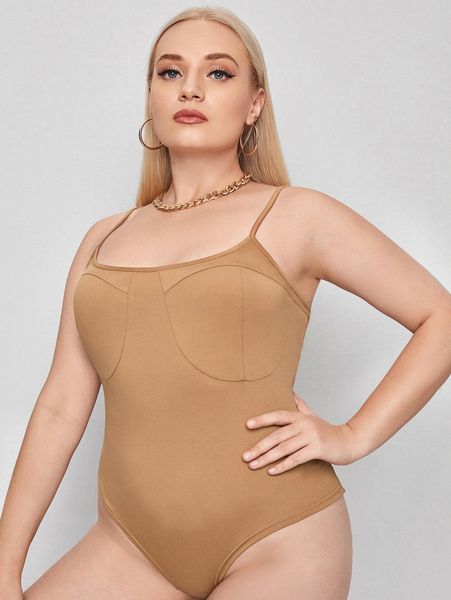 

plus solid slim fit cami bodysuit f1o0#, Black