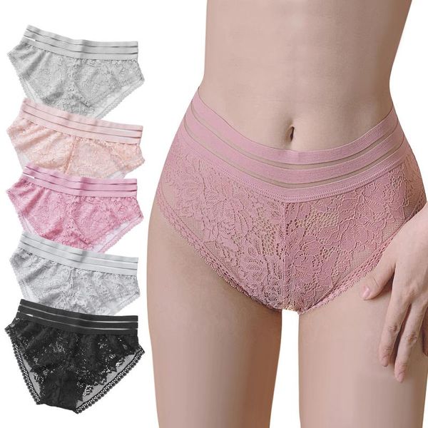 

women's lace floral panties seamless underwear female transparent lingerie mid-waist briefs cotton bottom underpants, Black;pink