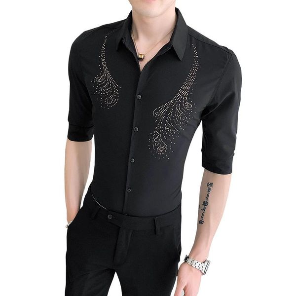 

men's casual shirts 2021 summer youth trend rhinestone petal mid-sleeved shirt of tide flower five-point sleeve, White;black