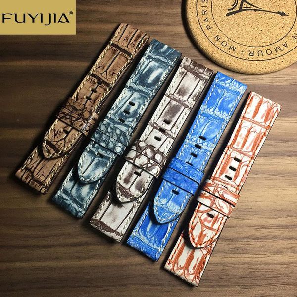 

watch bands fuyijia classic universal watchbands 20mm 22mm 24mm custom crocodile leather belt brand strap handmade alligator band, Black;brown