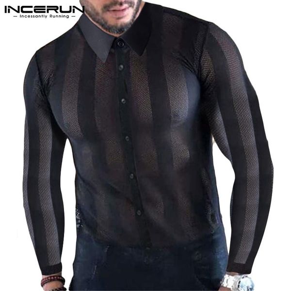 

men's casual shirts 2021 fashion men shirt mesh striped see through fitness lapel long sleeve clothing streetwear camisas s-5xl incerun, White;black