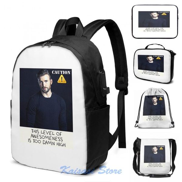 

backpack funny graphic print caution (chris evans) usb charge men school bags women cosmetic bag travel laptop