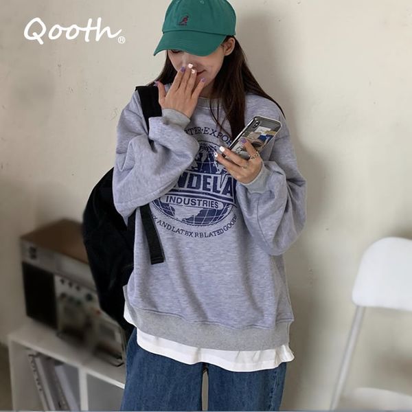 

qooth spring women's loose sweatshirts letter print fake two pieces full sleeve coat o neck casual female student pullover qt432 210518, Black
