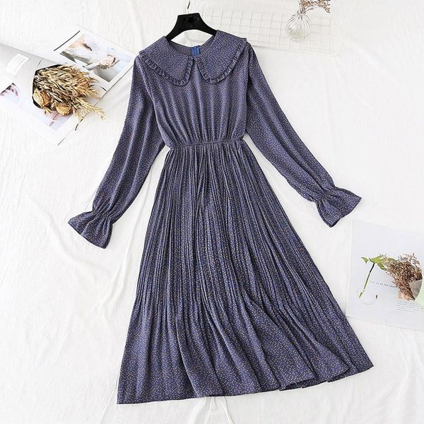 

casual dresses 2021 spring women printed ruffles dress lady o-neck long sleeve chiffon female high waist a-line vestidos, Black;gray