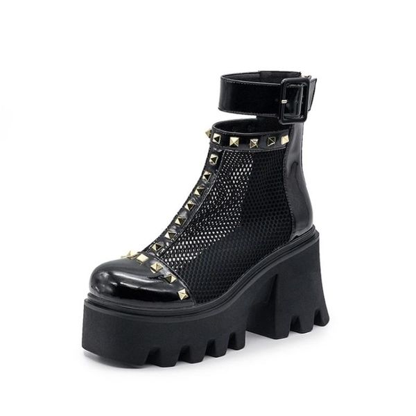 

womens genuine leather holes mesh ankle boots sandal chunky high heel platform shoes camouflage breathable 2021, Black