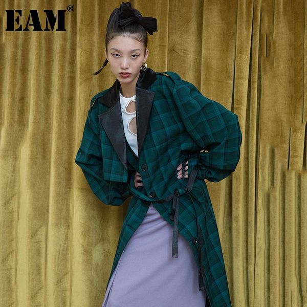 

women's trench coats [eam] women dark green plaid big size long lapel sleeve loose fit windbreaker fashion spring autumn 2021 1db981, Tan;black
