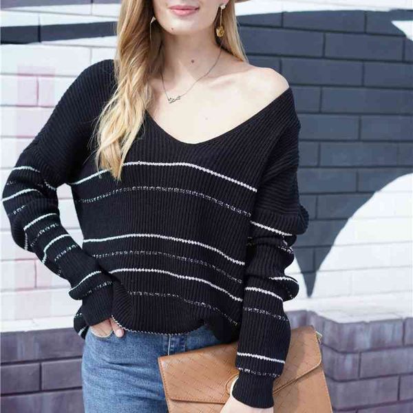 

autumn winter striped sweater women oversize knitwear womens pullovers s casual female black knitted jumper 210603, White;black