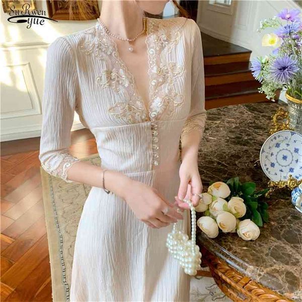 

fashion french lace dress women elegant v-neck long sleeve a-line midi es female vestidos autumn high waist 12759 210521, Black;gray