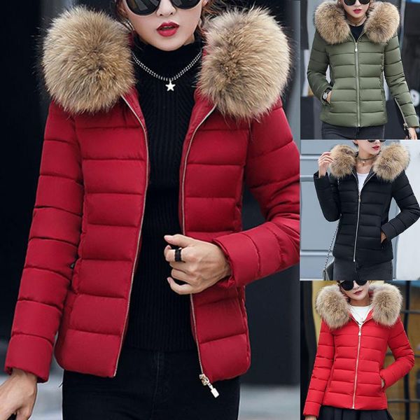 

women's down & parkas 2021 autumn and winter warm coat cotton padded clothes large wool collar thick slim, Black