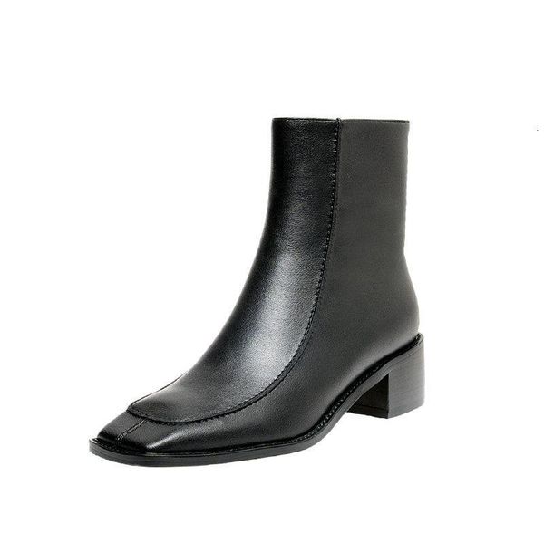 

boots est genuine leather women ankle square toe med heels women pumps office lady dress shoes woman loq5, Black