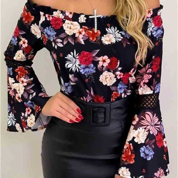 

women's knits & tees neck fashion bell sleeve slim apparel female floral print clothing women chiffon z2r6, White