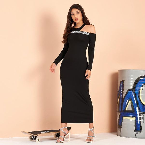 

casual dresses spring ladies fashion temperament one-shoulder letter printing slim bag hip high elastic long sleeve women's dress, Black;gray