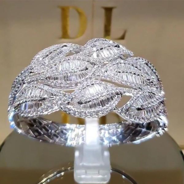 

wedding rings shine white leaf plant ring micro pave crystal bridal engagement luxury band for charm women gifts wholesale, Slivery;golden