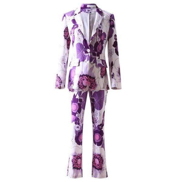 

women's two piece pants women suits american floral printing loose blazer slim trousers street print sets, White