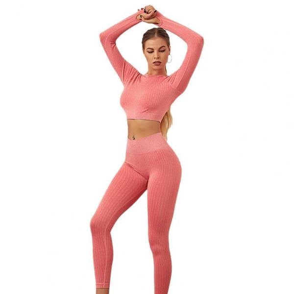 

women's two piece pants 1 set sports suit women stripes solid color round neck ribbed long sleeve crop for exercise, White