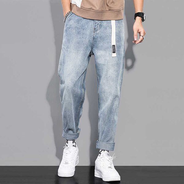 

korean style fashion men jeans retro light blue loose fit casual denim harem pants streetwear wide leg trousers
