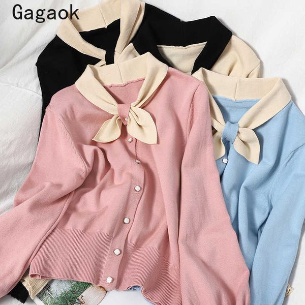 

women preppy style sweater spring autumn patchwork button bow sweet wild korean chic fashion cardigans 210531, White