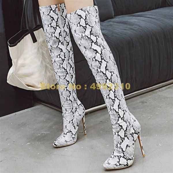 

boots big size 48 snakeskin high heels shoes women over the knee party, Black