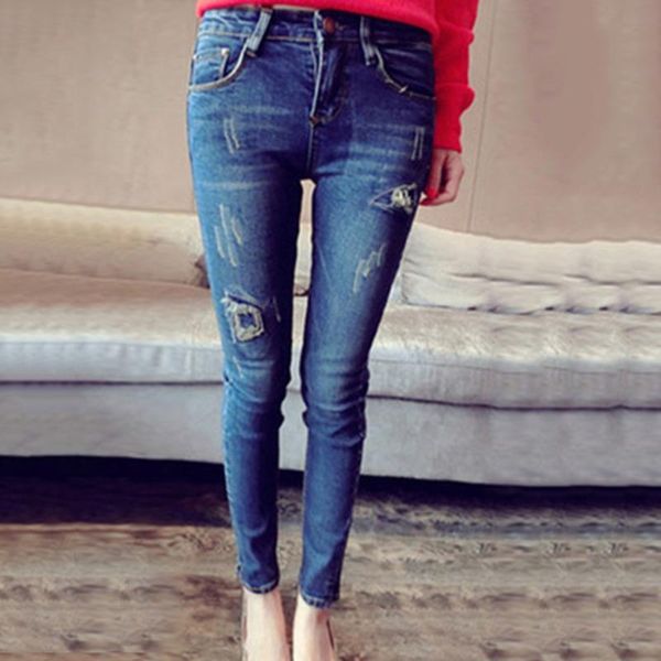

women's jeans high waist for women fashion slim destroyed knee holes long ripped denim pants push up boyfriend, Blue