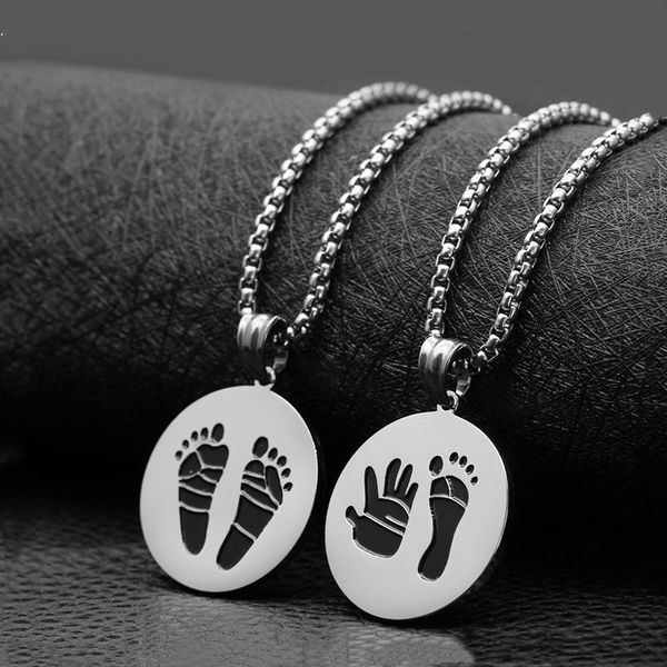 

fashion cute hands footprint round coin pendant necklace stainless steel jewelry for women pregnant mom father gift necklaces, Silver