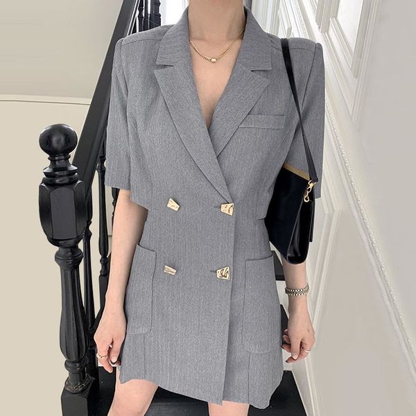 

summer female slim office lady hollow out notched collar short sleeve a-line double breasted blazer dress 2f0554 210510, Black;gray