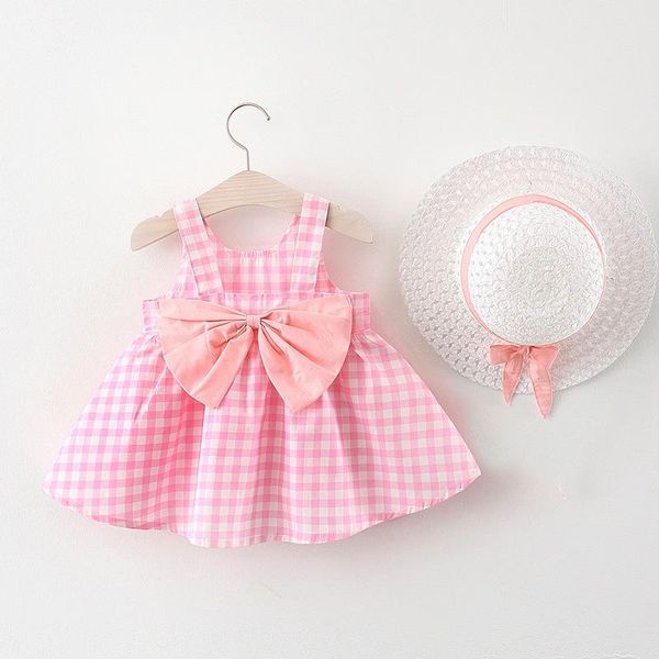 

girl's dresses 2021 summer baby girls plaid big bow dress with hat, Red;yellow
